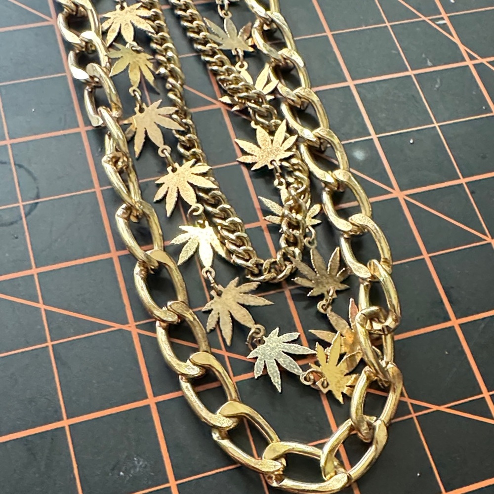 Gold Leaf Three Chain Necklace Stack